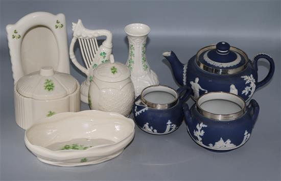 A Wedgwood 3 piece tea set, silver mounted & 6 pieces of Belleek